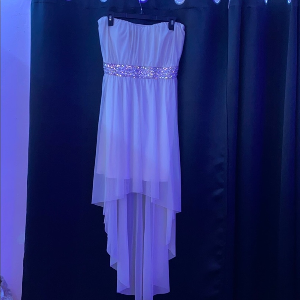 White Strapless High Low Dress with Diamond Belt